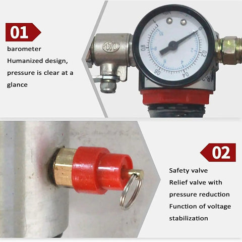 Close-up view of clear pressure gauge and safety valve on Heavy Duty Air Operated Drum Pump Built With Stainless Steel For High Flow Barrel Transfer.