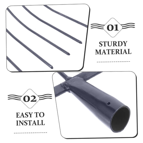 Close-up of heavy duty manure fork with four tines and hardwood handle showcasing sturdy material and easy installation features.