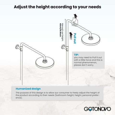 Diagram showing the height adjustment process for Brushed Nickel Shower Faucet Set With 8 Inch Rain Shower Head Handheld Spray Double Lever Handles Tub Spout 3 Function Diverter Wall Mount Bathroom Fixture All in One Premium Brass Construction.