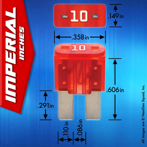 Heavy Duty 17 Piece Auto Fuse Box Kit Featuring Add A Circuit Taps Blade Fuse 10 Amp with dimensions displayed on a blue background.