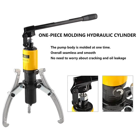 Heavy Duty Hydraulic Wheel Bearing Puller For Removal Of Sprockets Rotors Axles Using 30 Ton Power With Rust Proof Steel Jaws Vertical Horizontal Configuration For Max Flexibility During Nasty Grinds Top Pick For Mechanics Seeking Heavy Duty Solutions, yellow hydraulic puller with steel jaws and hand pump