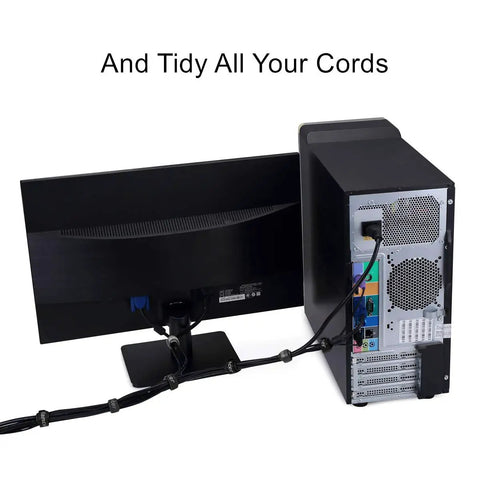 Reusable Cable Straps and Wire Ties Pack of 50, 8 Inch Adjustable Cord Fasteners securing cables behind a monitor and PC.