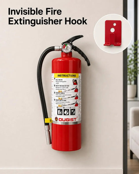 Hella Reliable ABC Dry Chemical Fire Extinguisher 5 Pound 2A 10B C Class Rating mounted with instructions on a wall.