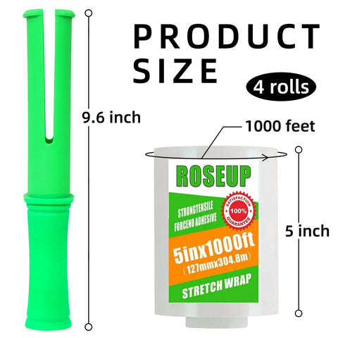 Heavy Duty Clear Stretch Wrap With Ergonomic Swivel Handles 5 Inch By 1000 Foot Rolls 80 Gauge Thick Cling Packaging Film for Moving and Pallet Wrapping, showing product size and detail.