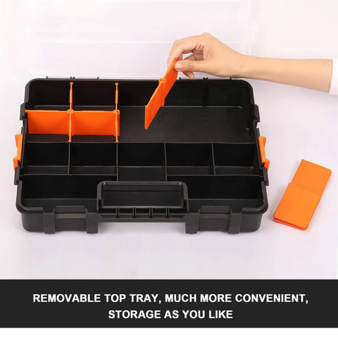 Interlocking Tool Box Organizer Set for Fasteners, Hardware, and Crafts, heavy duty plastic, black and orange, open with dividers
