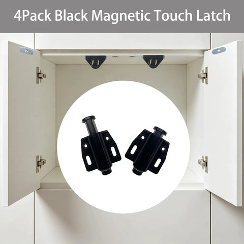 4 Pack Black Magnetic Touch Latch Set for cabinets shown with open cabinet doors highlighting latch placement.