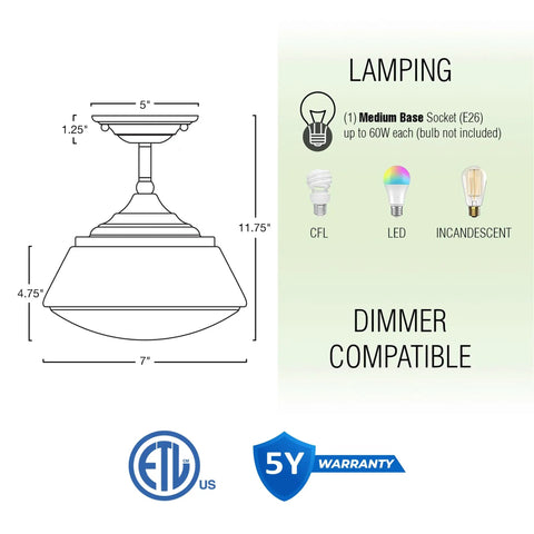 Diagram of Summit 12 Inch Modern Industrial Farmhouse Semi Flush Mount Ceiling Light with socket and bulb types shown.
