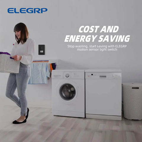 Woman in laundry room with Occupancy Motion Sensor Light Switch No Neutral Needed on wall, near washer and dryer.