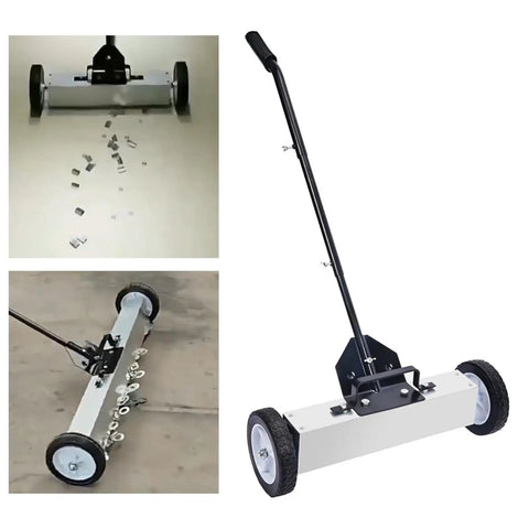 18 Inch Metal Pickup Lawn Sweeper Broom With Adjustable Handle And Wheels for collecting metal shavings on concrete floor.