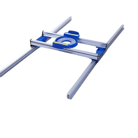 Aluminum alloy router sled with blue reinforced plastic slider for precise positioning on wood and resin projects, featuring low friction.