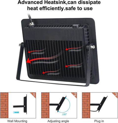 Back view of 100W UV Black Light Flood Light with 6ft plug cable showing heatsink and mounting instructions for blacklight parties.