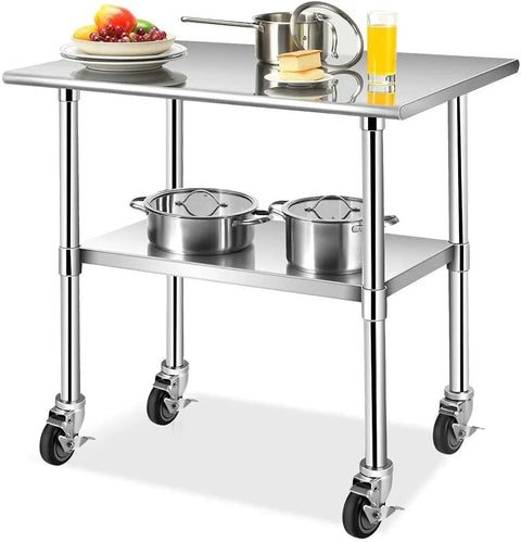 Stainless steel kitchen prep table with adjustable prep table casters and brakes.
