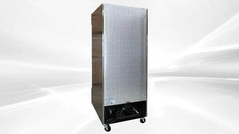 Top Shelf Commercial Freezer Upright Reach In With Tempered Glass Door And Built Tough Stainless Steel Exterior Nsf Certified 23 Cubic Foot Capacity side view.