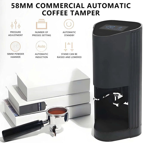 Game Changing 58Mm Automatic Espresso Tamper Machine With Touch Screen Dial And Adjustable Pressure For Hassle Free Coffee Puck Compaction In Tough Stainless Steel next to a portafilter.