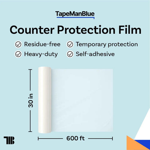 Clear Countertop Protection Film 30 Inch Wide by 600 Feet Long Self Adhesive Surface Protector For Granite Marble Quartz Acrylic And Glass Countertops Made In USA Easy Peel And Reposition Stick On showing roll dimensions and features
