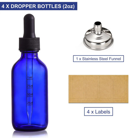 Dead Simple 2 Oz Dark Blue Glass Dropper Bottles, 4 Pack With Exact 1Ml Calibrated Eyedroppers, No Drama Silicone Caps for Essential Oils, DIY Tinctures, And Slick Beauty Blends, with stainless steel funnel and labels.