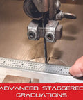Flexible Steel Rule With Satin Chrome Finish For Quick Reading Inch Measurements, 32nds, 64ths And Aircraft Fiftieths And Hundredths In One Row, 24 Inch Length, One Fiftieth Inch Thick, Pro Grade Machinist Tool For Woodworking And Metalworking next to a saw blade.