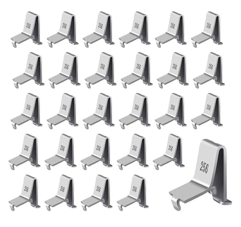 28-pack adjustable shelf clips for 255 standard pilaster systems, heavy duty metal shelving bracket clips, silver finish.