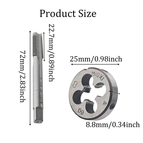 Left Hand M10 X 1.0 Tap And Die Set High Speed Steel Threading Kit with size dimensions for reverse thread repair