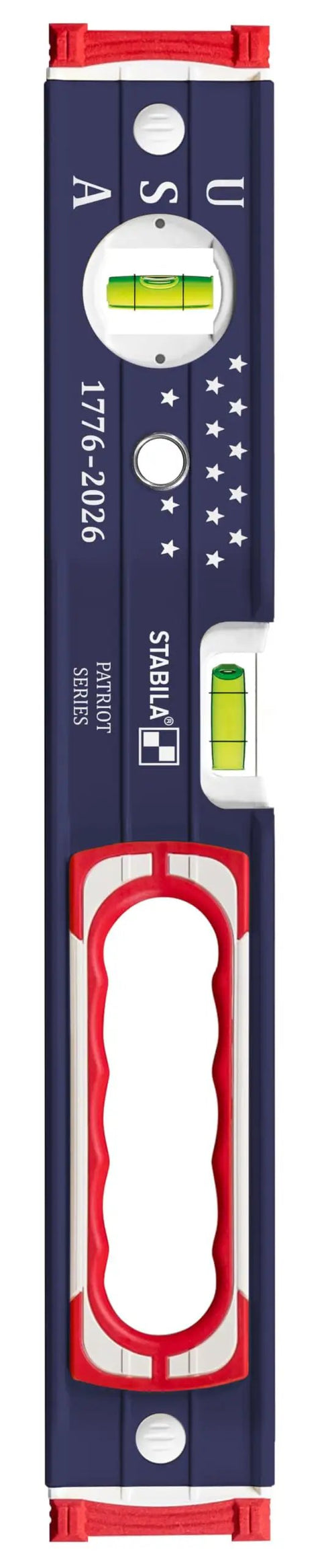 Pro Grade 48 And 16 Inch Precision Level Set With Shock Absorbing End Caps Patriotic Red White Blue Design, features vials.