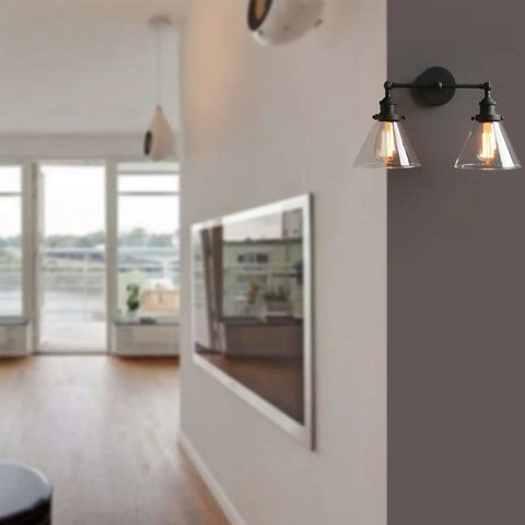 Two Light Industrial Wall Sconce In Antique Black With 7.3 Inch Cone Clear Glass Shade 180 Degree Adjustable E26 Base