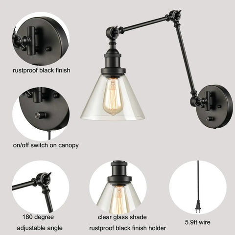 Industrial Swing Arm Wall Lamp Plug In Sconce With On Off Switch Black Finish Clear Glass Shade Adjustable Arm Diagram