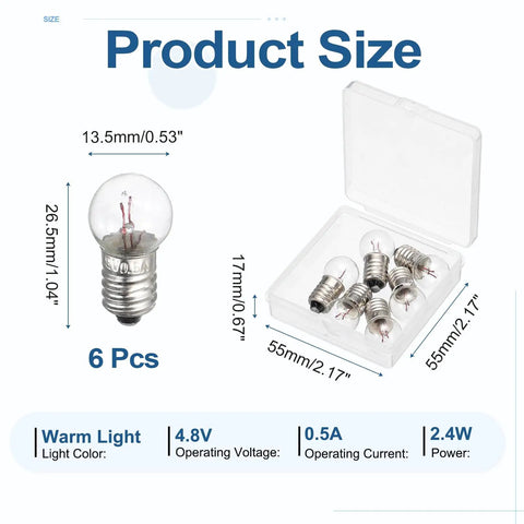 Six-Pack of E10 Miniature Screw Base Bulbs with warm yellow glow, dimensions 26.5x13.5mm in a tidy box for gadgets and repairs.