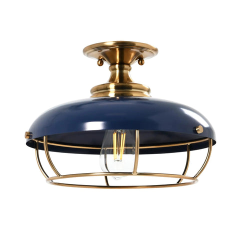 Industrial Caged Dome Metal Semi Flush Ceiling Light In Brushed Brass And Navy Blue with Edison Bulb and Cage Shade