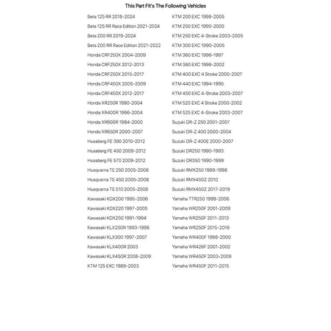 Compatibility list for Enduro Lighting Kit Wiring Harness Replacement Lead Set for various motorcycle models from 1986-2024.