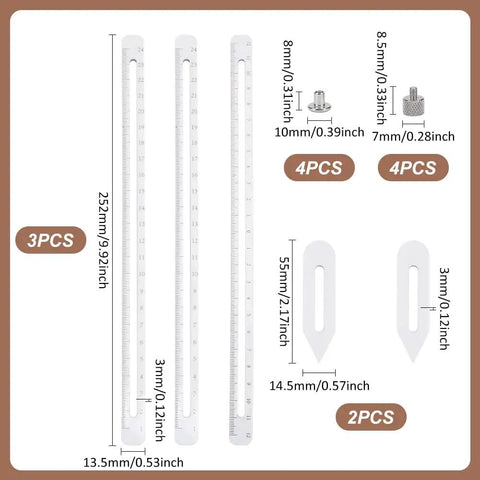 Adjustable Pottery Throwing Gauge Set With White Height Ruler And Extendable Measuring Arms For Clay Modeling, showing 3 acrylic rulers and 2 measuring tools.