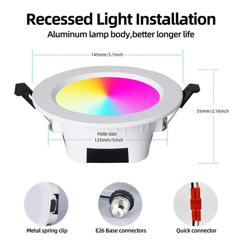 ZigBee 3.0 Smart Retrofit Recessed Lighting 5", RGBWW LED Downlight 1 Pack with colorful illumination and E26 base connectors.