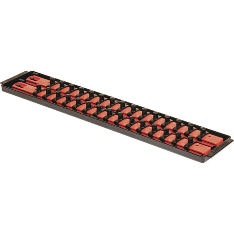 Socket Boss 2-Rail 3/8-Inch Drive Socket Organizer, red 19-inch tray with twist-lock clips for mechanics and auto techs
