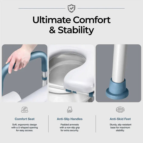 Adjustable Heavy Duty Toilet Seat Riser With Armrests For Seniors showing padded armrests, comfort seat, and stable feet.