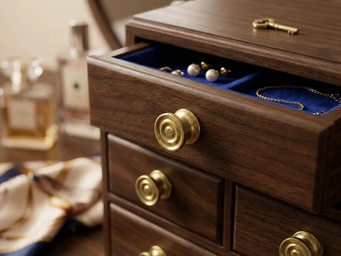 Jewelry box with compact solid brass knob for jewelry box and cabinet 15mm diameter by 13mm high polished brass finish 4 pack