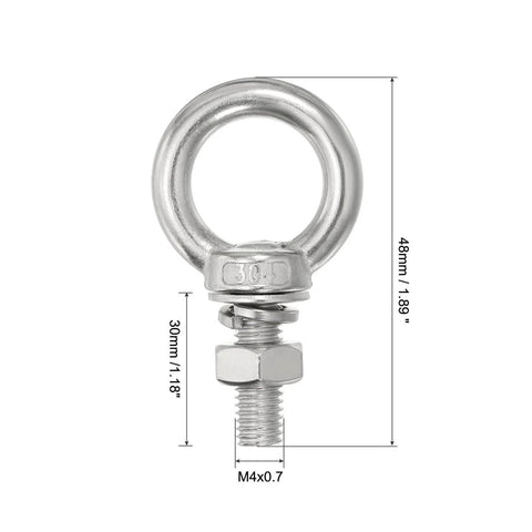 Heavy Duty Stainless Steel Eye Bolts Set Of 4 With Shoulder Ring Nuts And Washers For Lifting And Hanging Indoor Outdoor Use Rust Resistant Eye Bolts 4 Mm By 30 Mm With 3 Sixteenth Inch By 1.18 Inch Size displayed with dimensions