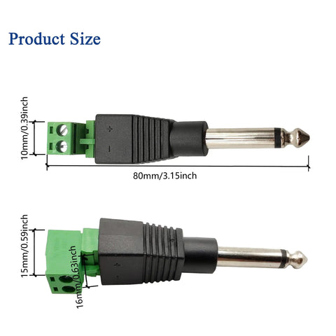 Built Tough Pro Grade One Quarter Inch Ts Mono Male To Two Pin Female Screw Terminal Block Adapter For Speaker Cable And Amplifier Microphone 6.35Mm size comparison image showing dimensions in mm.