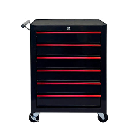 Heavy Duty Rollin Tool Chest With Six Slick Ball Bearing Glides And Scratch Proof Steel Worktop Featuring Locked Swivel Casters For Easy Shop Or Job Site Haulin In Tough Black Powder Coat with red detail.