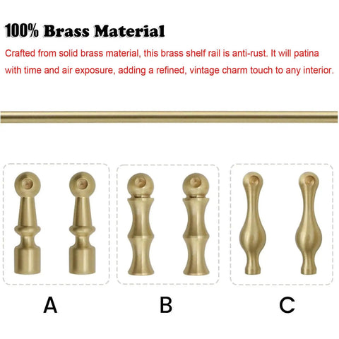 Image of Rock Solid 6MM Brass Shelf Rail Bracket Kit with three designs of sturdy brass spindles ideal for cabinets and displays.