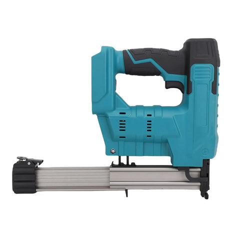 No Sweat 20V Cordless Brad Nailer And Crown Stapler Combo With Straight Nails Plus Staples side view showing ergonomic handle.