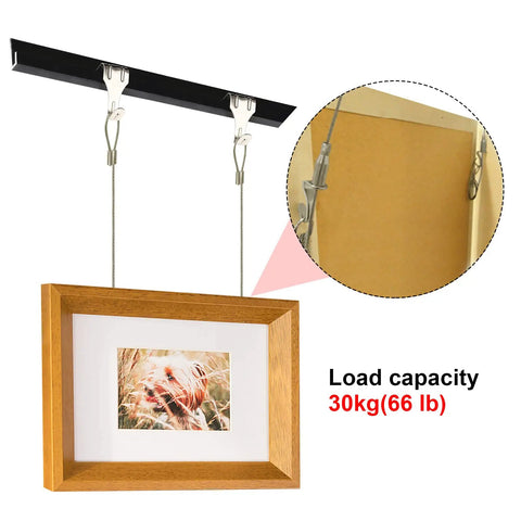 Heavy Duty Picture Rail Hanging System Kit With 66 Lb Max Load, Adjustable Wire Hooks, 3 Ft Cable With Loop, 14 Pack Frames Display Kit, Silver Finish, Easy Wall Art Display Without Damaging Walls showing cable and hook close-up with frame hanging.