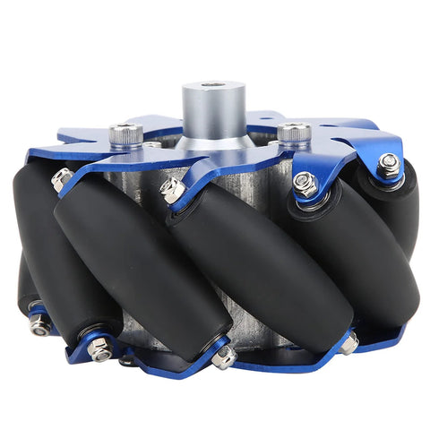 Front view of left Mecanum wheel module, 4in, blue aluminum frame with black TPU rollers