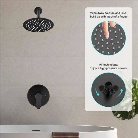 Heavy Duty 8 Inch Round Rain Shower Head With Smooth Flow Valve Slick Matte Black Bath Fixture Set Wall Mounted bathroom image showing faucet and shower head