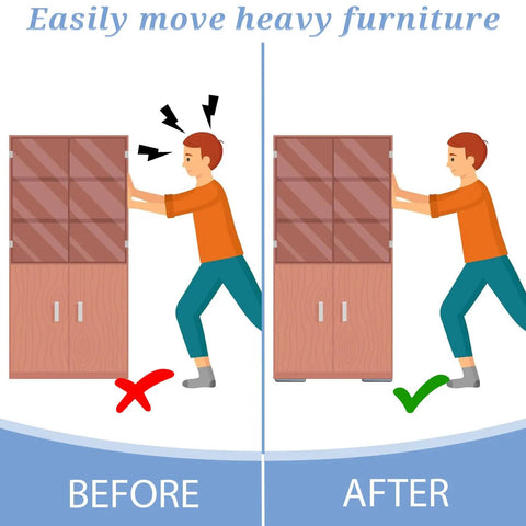Illustration of a person struggling and then easily moving a cabinet using 8 Pack Self Stick Furniture Sliders For Carpet Easy Moving Pads For Chairs Tables Desks Sofas Couches 75x15mm Floor Protectors With Adhesive Backing To Glide Smoothly And Keep Floors Scratch Free.
