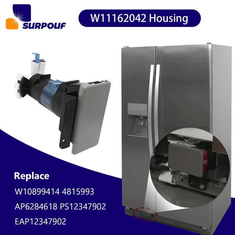 Refrigerator Filter Housing Replacement For Whirlpool Kenmore And Maytag This Compatible W10899414 Part Replaces 4815993 AP6284618 PS12347902 EAP12347902 And Works With W11162042 Models, black plastic housing with refrigerator install view