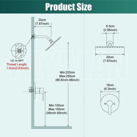 Diagram showing dimensions of Heavy Duty 8 Inch Round Rain Shower Head With Smooth Flow Valve Slick Matte Black Bath Fixture Set.