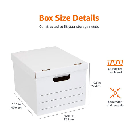 Medium Duty Storage And Filing Boxes With Lids And Handles Legal Letter Size, 16.1" x 12.8" x 10.8" white corrugated box.