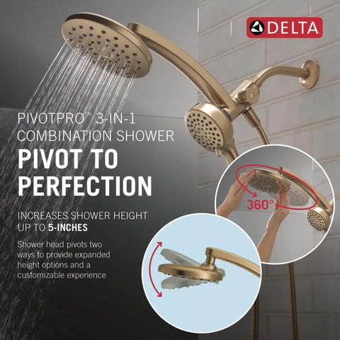 Real Deal 3 In 1 Rainfall And Handheld Shower Head With 360 Pivot Body And High Pressure Pro Clean Spray for adjustable shower height.