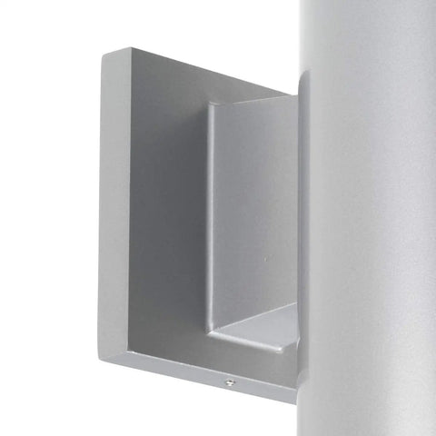 Close-up of the mounting bracket on a 6 Inch Cylinder Outdoor Wall Sconce Two Light Up And Down Slick Modern Exterior And Interior Lighting Aluminum Construction Metallic Gray For Porch Patio Deck Weather Resistant.
