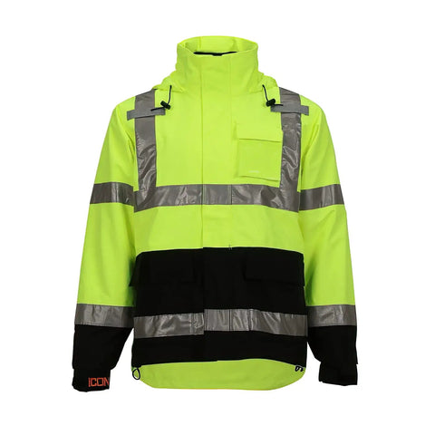 Worksite Ready High Visibility ANSI Class 3 Jacket With Phase 1 Black Fleece Liner Attached Hood 2X Fluorescent Yellow Green Black