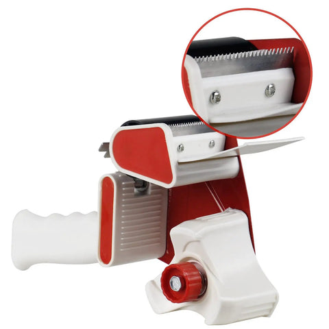 Heavy Duty Packing Tape Dispenser With Clear Shipping Rolls Quick Release Tape Gun showing comfort grip and blade design.
